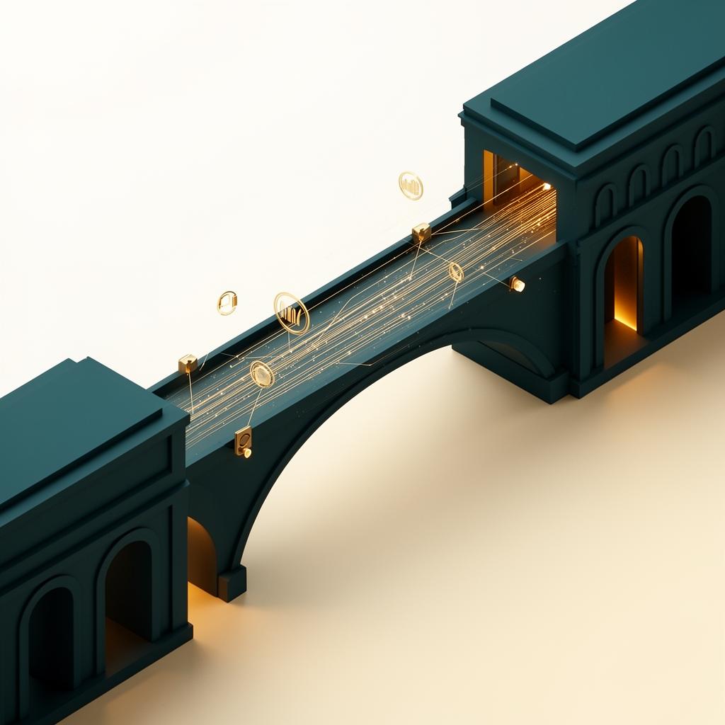 Visualización abstracta de un puente digital conectando estructuras